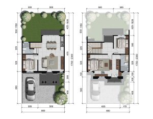 Two side-by-side architectural floor plans for a two-story house, showing rooms, furniture, and surrounding garden with detailed measurements.
