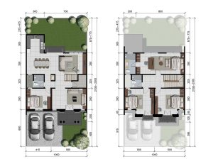 Two architectural floor plans side by side: left shows ground floor with living/dining/kitchen, bedrooms, garage and garden; right shows upper floor with bedrooms and bathrooms, plus dimensioned measurements.