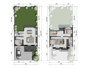 Two architectural floor plans showing ground and upper levels with a garden, trees, and a parked car.
