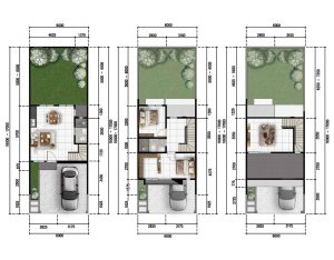 Three adjacent architectural floor plans with labeled dimensions, showing interior rooms, stairs, garage, and small garden areas in each section.
