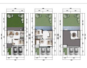Three adjacent architectural floor plans showing house layouts with living areas, kitchens, bedrooms, gardens, and garages, with dimension arrows and scale labels in millimeters (triptych).