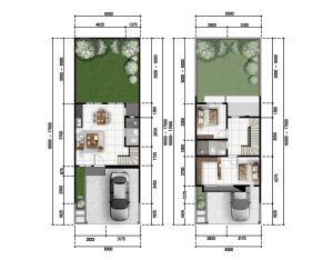 Pair of house floor plans side by side, showing rooms, staircases, garages, gardens, and multiple measurement labels across both layouts
