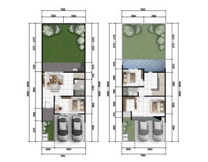 Top-down floor plan of two adjacent houses with labeled dimensions, showing garages, garden areas and interior rooms on both units.