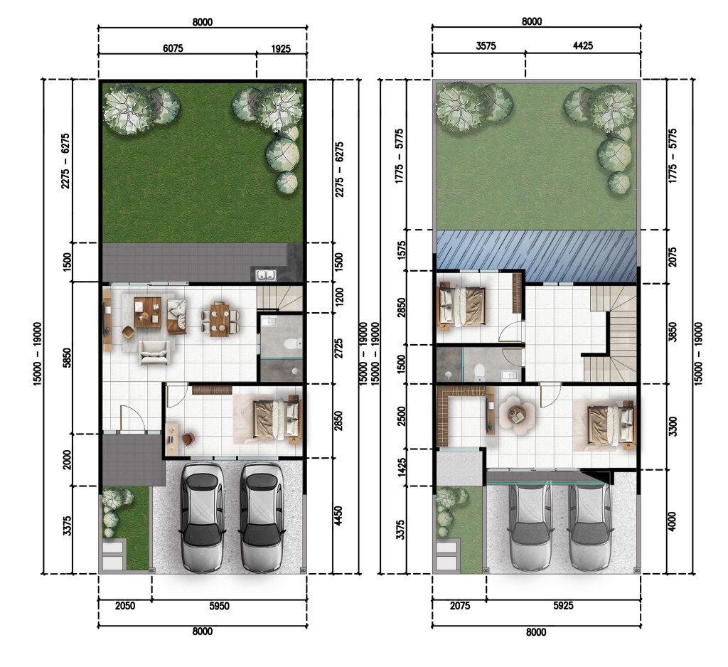 Layout of two adjacent house floors showing rooms, garages for two cars, and outdoor areas with dimension lines (architectural plan).