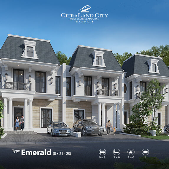 Rendering of CitraLand City Emerald townhouses in a row, with parked cars and people outside; branding shows 'CitraLand City' and 'Type Emerald' at the bottom.
