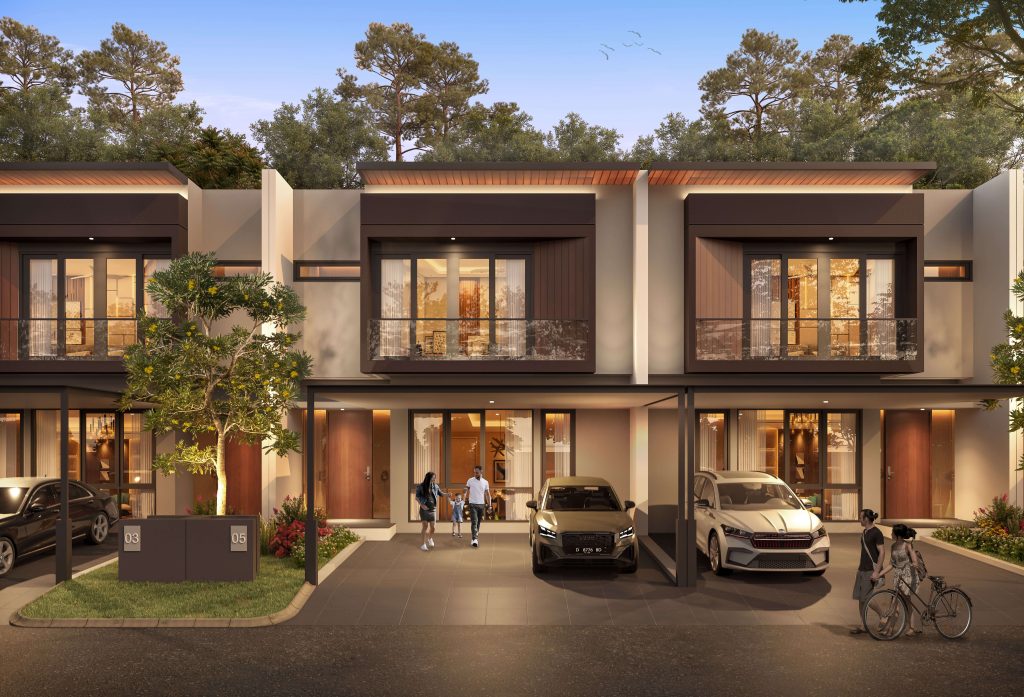 Modern townhouse complex with three connected units, ground-floor garages, large windows, and pedestrians near parked cars.